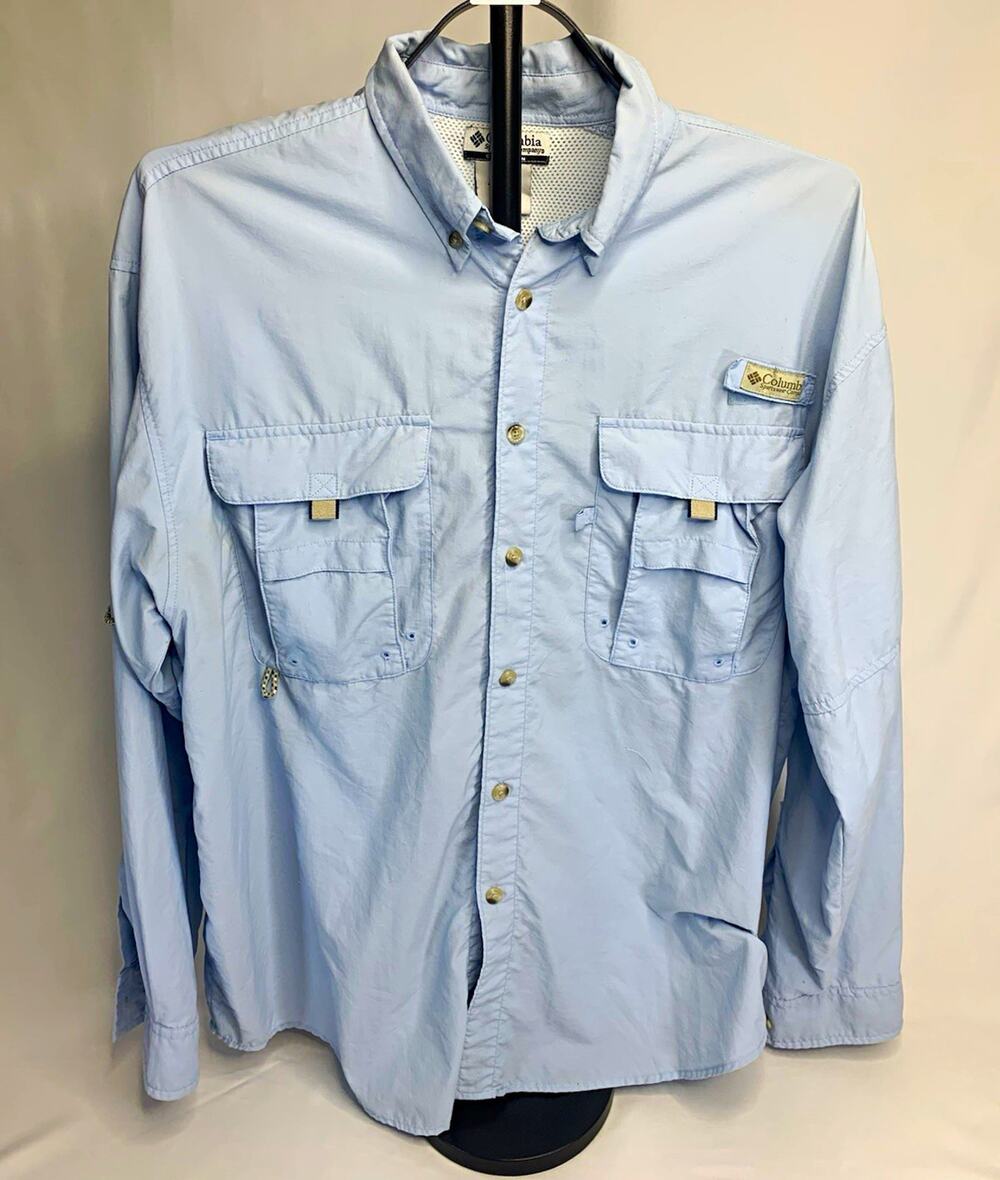 Columbia Men's M Blue Solid Woven Polyester LS Button-Down Shirt Pockets
